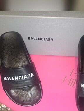 Balenciaga Black Leather Logo Slide Sandals with White Lettering